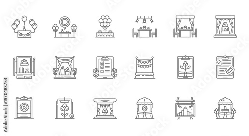 Outline icons for wedding ceremonies party decorations and festive events. Vector Icon. EPS Editable