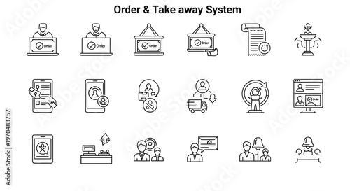 Order and Take Away System Line Icons Set for Food Delivery and Restaurant Services. Vector Icon. EPS Editable