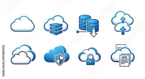 A versatile set of cloud computing icons illustrating various data management concepts, including secure storage, synchronization, and digital information services