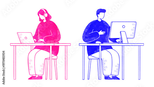 在宅ワークとリモートワーク PCで仕事に集中する男女の水彩イラスト