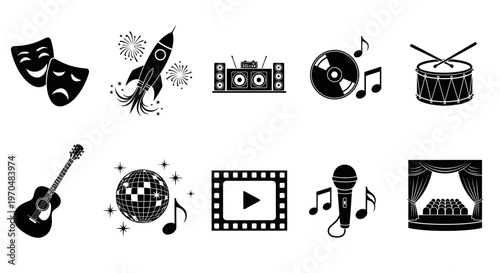 Comprehensive Vector Icon Collection Depicting Essential Elements of Entertainment, Music, Theater, and Celebration in a Clean, Stylish Black and White Design