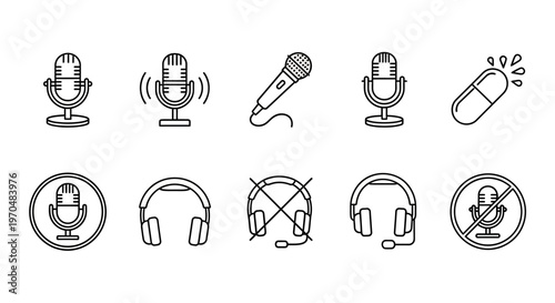 Vector line icons set for audio communication, podcasting, and voice recording, featuring modern microphones, headphones, and essential mute symbols for digital use