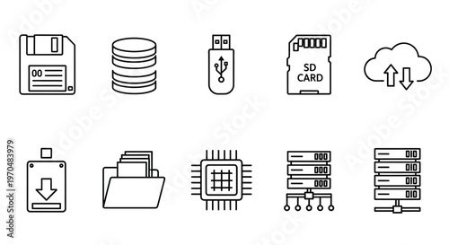 Comprehensive Set of Digital Data Storage and Computing Technology Line Icons for Modern IT Solutions and Networking Concepts