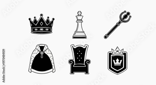 Royal symbols including crown, chess piece and a scepter, and others for design usage
