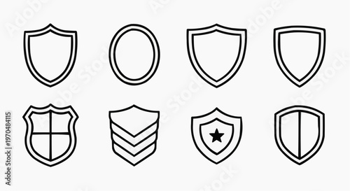 Collection of various shield shapes with a minimalist line art design, showcasing security and protection.