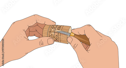 Meticulous close-up of skilled hands using a sharp carving knife to create intricate geometric patterns on a small cylindrical piece of natural wood.
