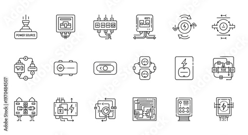 Set of 15 handdrawn icons representing various aspects of technology and digital processes. Vector Icon. EPS Editable