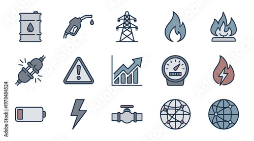 A collection of energy and power-related icons including oil, gas, electricity, fire, battery, and global network symbols.