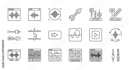 Set of Hand Drawn Icons Representing Audio Editing and Music Production Tools. Vector Icon. EPS Editable
