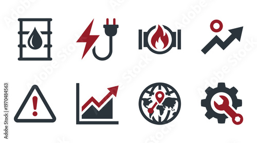 Collection of industrial and energy-related icons including oil, electricity, gas, market trends, warnings, global logistics, and maintenance.