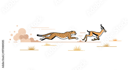 Dynamic minimalist illustration depicts a fast spotted cheetah in mid-air pursuit of a leaping gazelle across a dusty African savanna under bright light.