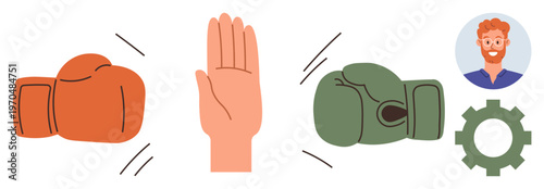 Conflict resolution, negotiation, teamwork, communication, problem-solving, leadership. Two boxing gloves, an open hand gesture and a person icon with gear. Conflict resolution and negotiation