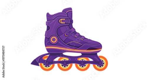 A vibrant purple inline skate features striking glowing orange highlights and four translucent orange wheels set against a clean white background with a bold color motif.