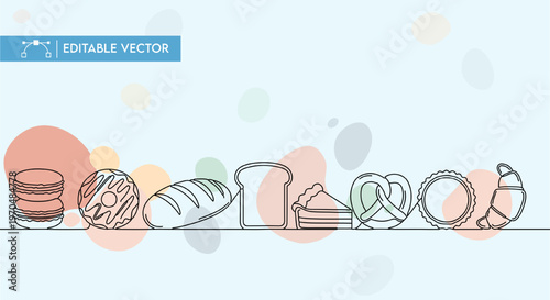Continuous line vector illustration featuring an array of sweet and savory bakery items and pastries design.