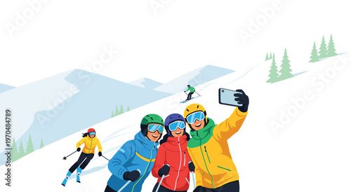 A group of three cheerful friends in vibrant winter apparel take a selfie on a pristine snowy mountain slope during a bright sunny skiing trip under a clear blue sky.