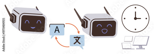Machine translation, AI communication, real-time language tools, robotic technology, multilingual interaction, efficient workflow. Two AI robots with text bubbles. Machine translation and AI concepts