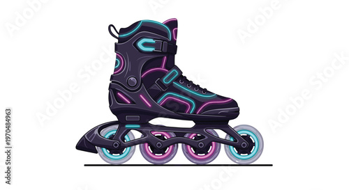 A sophisticated modern inline skate showcases a sleek black design against a minimalist white background enhanced by striking neon cyan and magenta glowing accents.