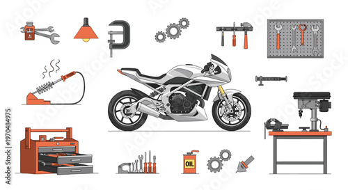 A modern silver sport motorcycle is displayed alongside a comprehensive set of professional mechanical workshop tools in an organized garage with a grey color motif.