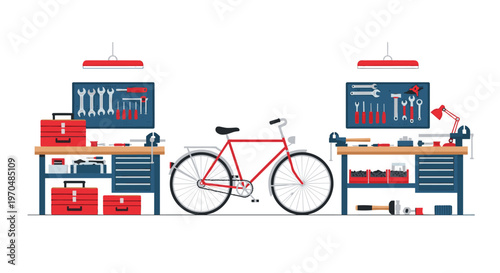 Meticulously organized bicycle repair workshop features a red road bike standing between two professional workbenches stocked with numerous specialized mechanical hand tools.