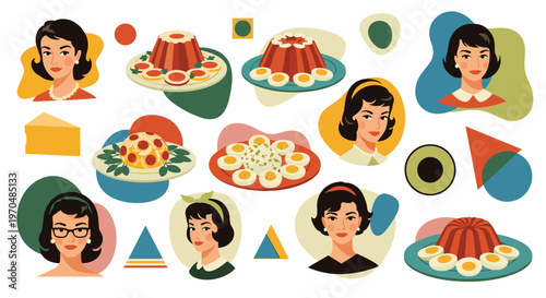 Elegant mid-century modern female portraits appear alongside vintage gelatin molds and garnished egg platters against a backdrop of colorful abstract geometric shapes.