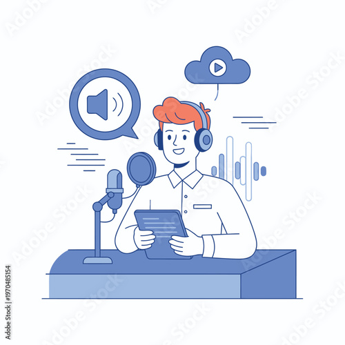 Man recording podcast with microphone and tablet.