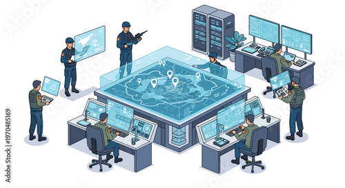 Professional military personnel operate advanced computer systems around a large central holographic map table within a high-tech command center facility.