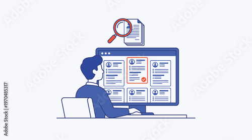 Man reviewing resumes on computer screen with magnifying glass.