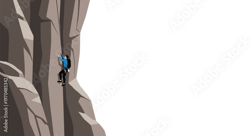 A determined male rock climber wearing a blue jacket and safety harness meticulously scales a massive vertical cliff face against a clean white background.