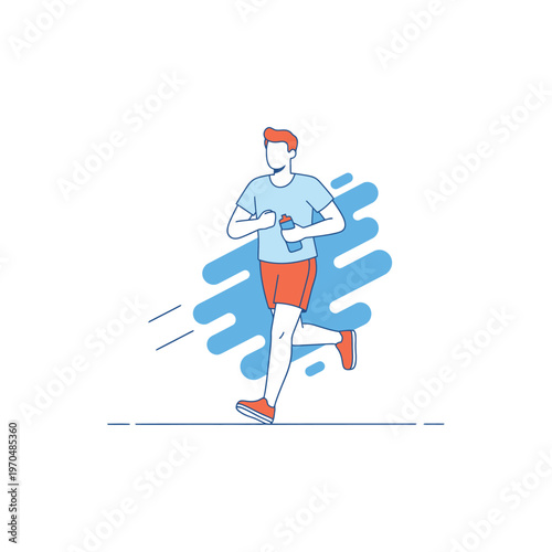 Man running with water bottle during outdoor exercise.