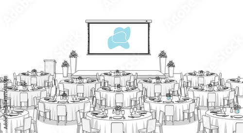 A spacious and elegant banquet hall features multiple round tables with white linens and chairs arranged neatly for a formal event under warm interior illumination.