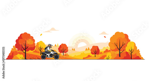A determined rider on a white all-terrain vehicle speeds through a lush autumn landscape featuring vibrant orange trees and a soft golden sunset glow.