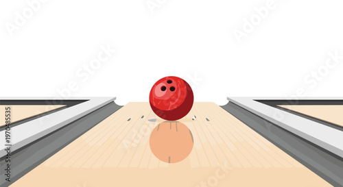 A vibrant red bowling ball travels down a pristine wooden lane with visible reflections and grey gutters under bright and even indoor sports lighting.
