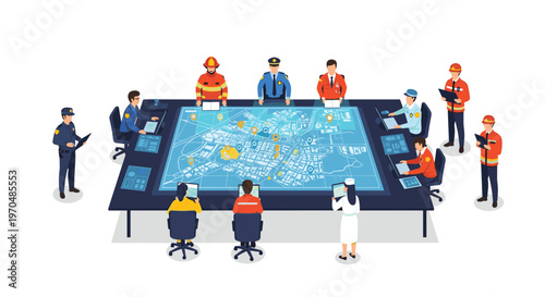 Diverse emergency response professionals collaborate around a large glowing digital map table within a sophisticated and modern command center facility.