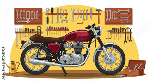 Pristine vintage red motorcycle rests in a professional workshop setting featuring a vibrant yellow wall densely packed with organized metal wrenches and hand tools.