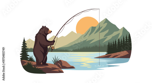 A whimsical brown bear stands on a rocky riverbank holding a long fishing rod while a bright orange sun sets behind majestic and jagged green mountain peaks.