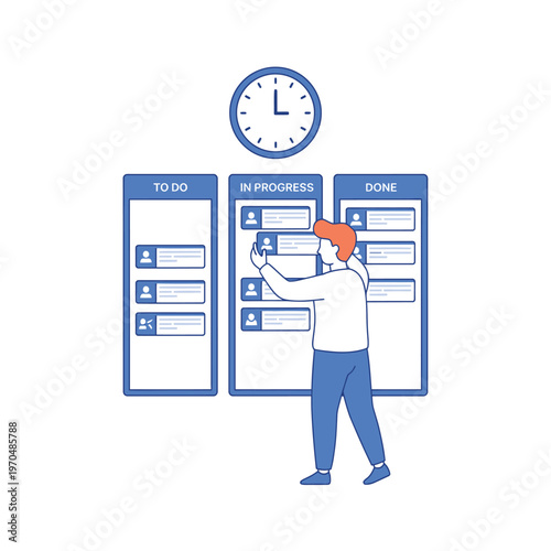 Man working on a Kanban board with tasks in progress.