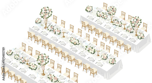 Meticulously arranged isometric wedding reception hall features long white banquet tables adorned with lush floral centerpieces and elegant gold chairs in a bright space.