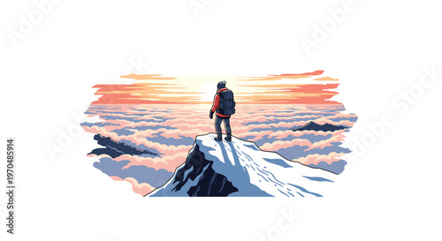 A determined mountaineer with a heavy backpack stands triumphantly on a jagged snowy summit while gazing at a breathtaking sunset over a dense cloud layer.
