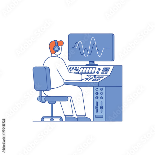 Man wearing headphones working on music production equipment.