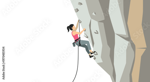 A determined athletic woman wearing a pink tank top and grey leggings carefully scales a steep grey rock cliff using professional climbing safety gear.