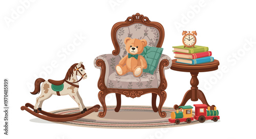 A charming vintage nursery scene features a soft teddy bear resting on a patterned armchair beside a classic wooden rocking horse and colorful toy train.