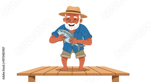A cheerful senior man wearing a wide straw hat laughs heartily while holding a freshly caught silver fish against a simple wooden pier background.