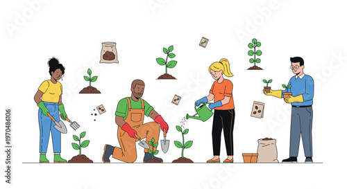 A diverse group of enthusiastic gardeners works together to plant fresh green saplings and water young sprouts in a bright and productive community garden.