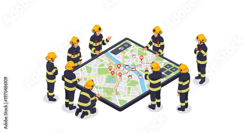 A team of professional firefighters in full protective gear gathers around a large glowing digital tablet to strategize using a detailed city map.