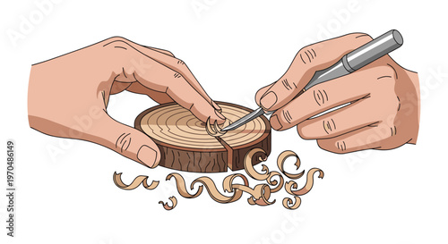 Skilled hands meticulously use a sharp metal chisel to carve intricate patterns into a circular wooden log slice surrounded by delicate curly wood shavings.