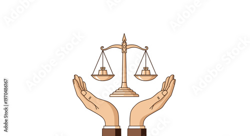 A pair of professional hands in brown suit sleeves carefully cradles a traditional golden balance scale representing the core principles of law and justice.