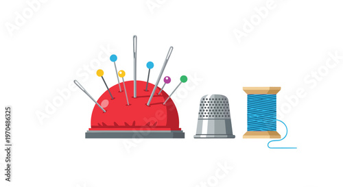 A vibrant red pincushion filled with various colorful ball-headed pins and silver needles sits beside a metal thimble and a spool of bright blue thread.