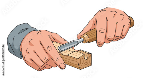 Skilled hands meticulously use a sharp metal gouge to carve a precise decorative groove into a solid block of natural wood with detailed grain patterns.