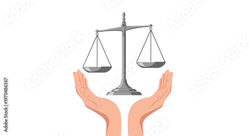 A pair of realistic human hands carefully supports a balanced silver scale of justice for fairness and legal equality in a minimalist graphic style.