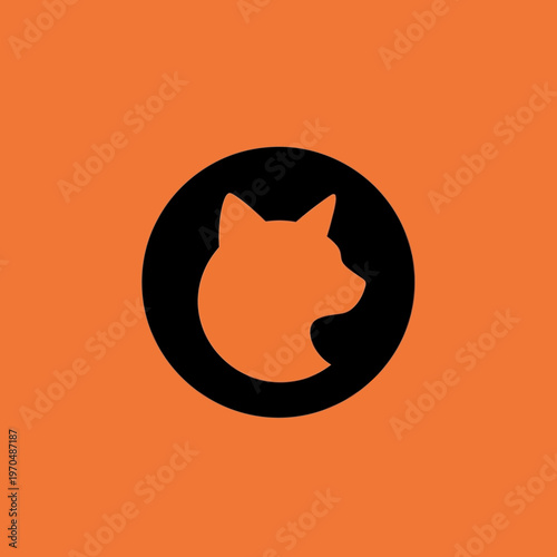 Minimalist Black Dog Head Silhouette Inside Orange Circle.